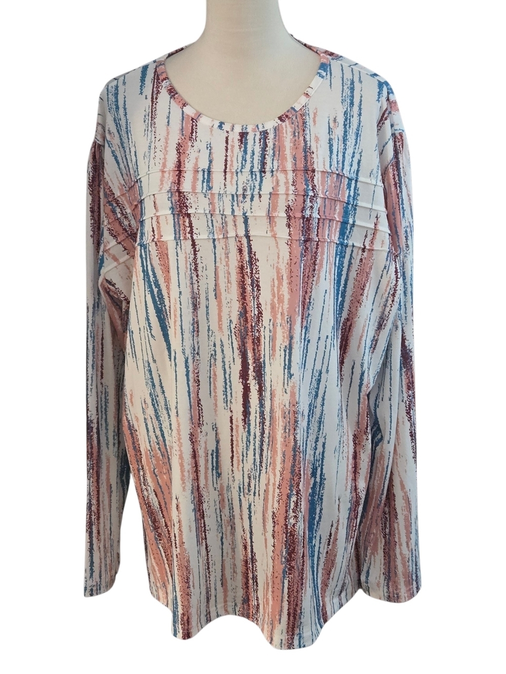 Fantaslook Women 3XL Striped Pintuck Long-Sleeve Tunic Top White Blue & Pink NWT
